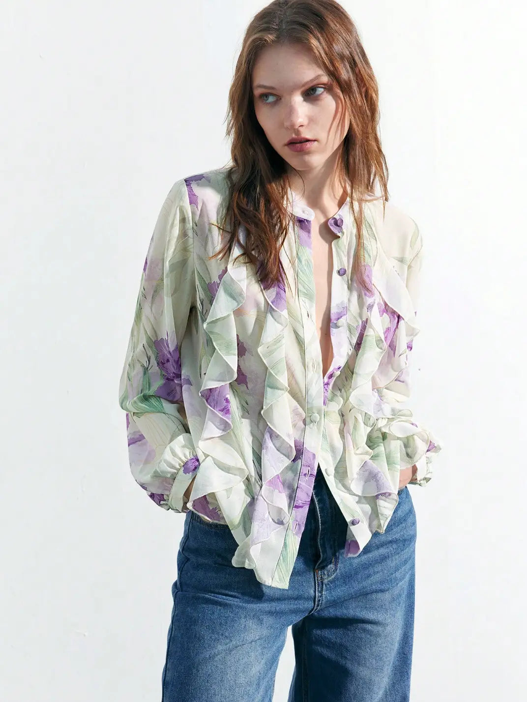 Blusa Feminina Manga Longa Babado Floral - Main Image