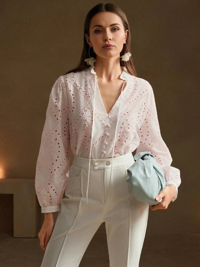 Blusa Feminina Manga Longa Bordada Rosa - EstiloE, Blusa Feminina, Blusa Manga Longa, Blusa Laise, Blusa Bordada, Camisa Feminina, Camisa Feminina Manga Longa, Camisa Bordada