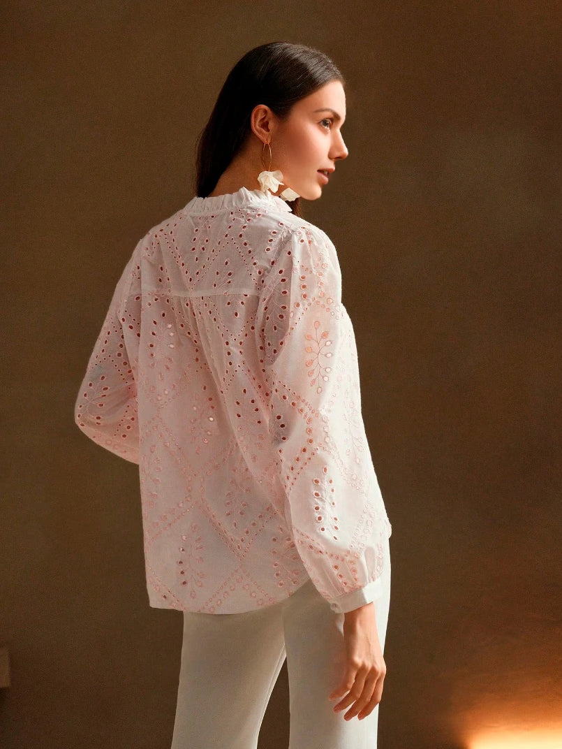 Blusa Feminina Manga Longa Bordada Rosa - EstiloE, Blusa Feminina, Blusa Manga Longa, Blusa Laise, Blusa Bordada, Camisa Feminina, Camisa Feminina Manga Longa, Camisa Bordada