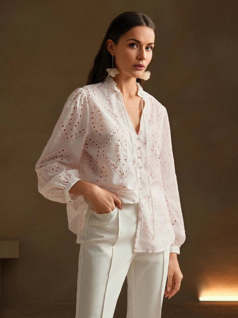 Blusa Feminina Manga Longa Bordada Rosa - EstiloE, Blusa Feminina, Blusa Manga Longa, Blusa Laise, Blusa Bordada, Camisa Feminina, Camisa Feminina Manga Longa, Camisa Bordada
