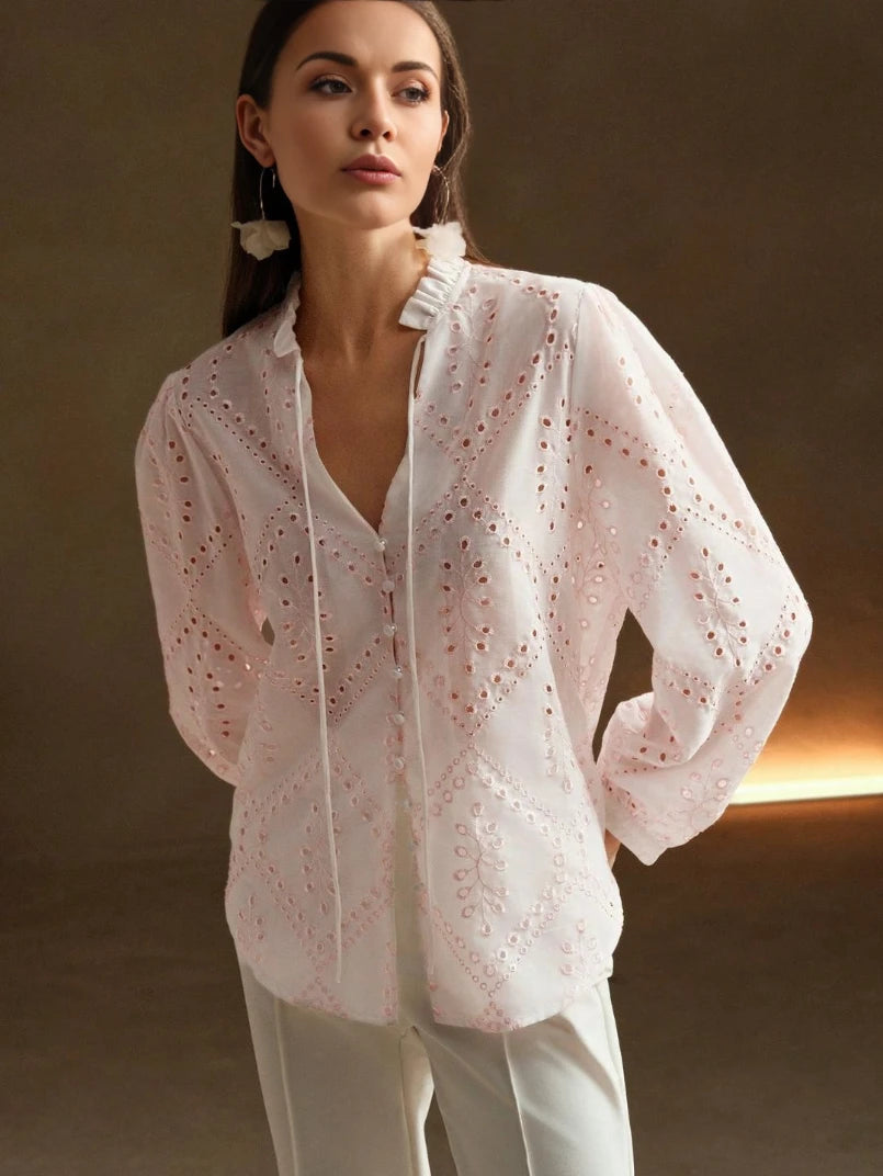 Blusa Feminina Manga Longa Bordada Rosa - EstiloE, Blusa Feminina, Blusa Manga Longa, Blusa Laise, Blusa Bordada, Camisa Feminina, Camisa Feminina Manga Longa, Camisa Bordada