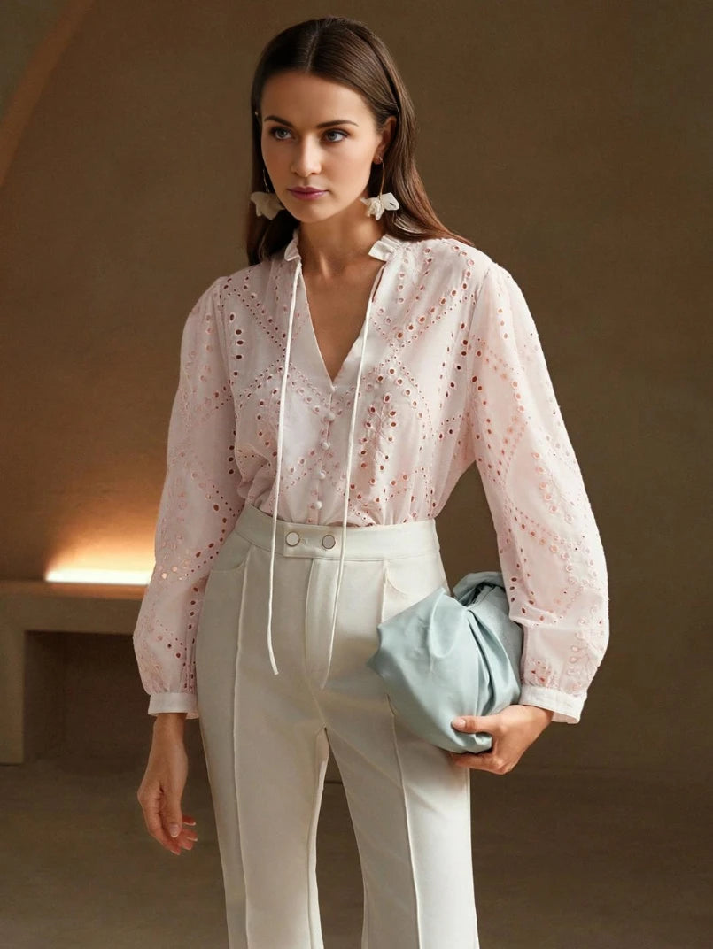 Blusa Feminina Manga Longa Bordada Rosa - EstiloE, Blusa Feminina, Blusa Manga Longa, Blusa Laise, Blusa Bordada, Camisa Feminina, Camisa Feminina Manga Longa, Camisa Bordada