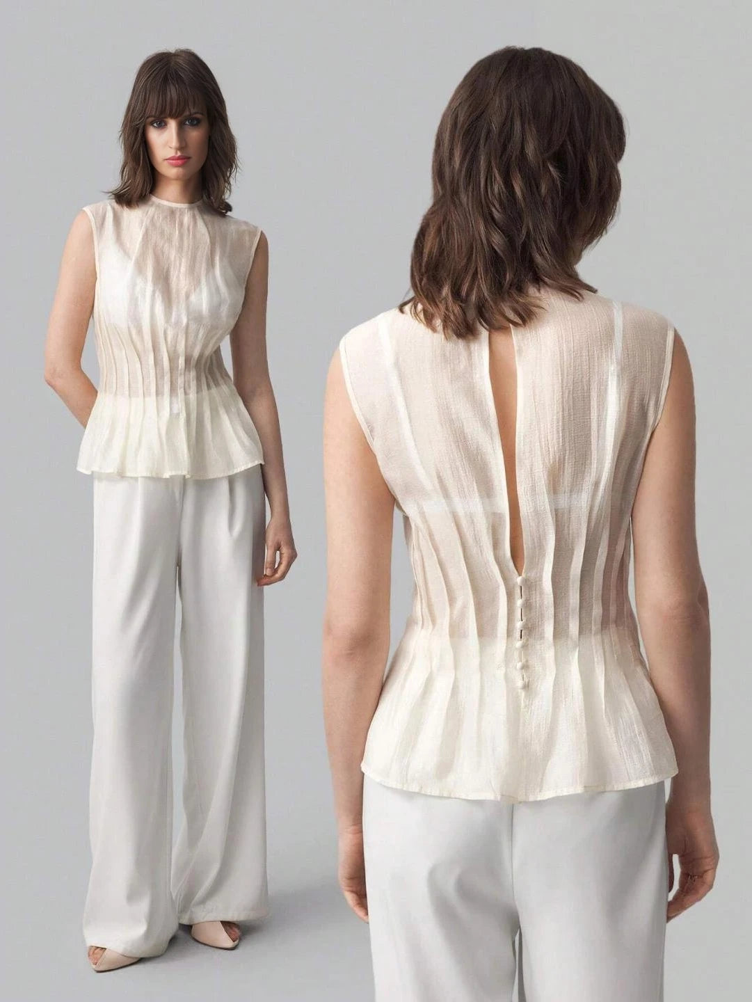 Blusa Sem Manga Pregas na Cintura Bege - EstiloE, Blusa Feminina, Camisa Feminina sem Manga, Blusa com Prega, Blusa Acinturada, Blusa sem Manga, Blusa Bege, Blusa Feminina Bege, Blusa Marfim
