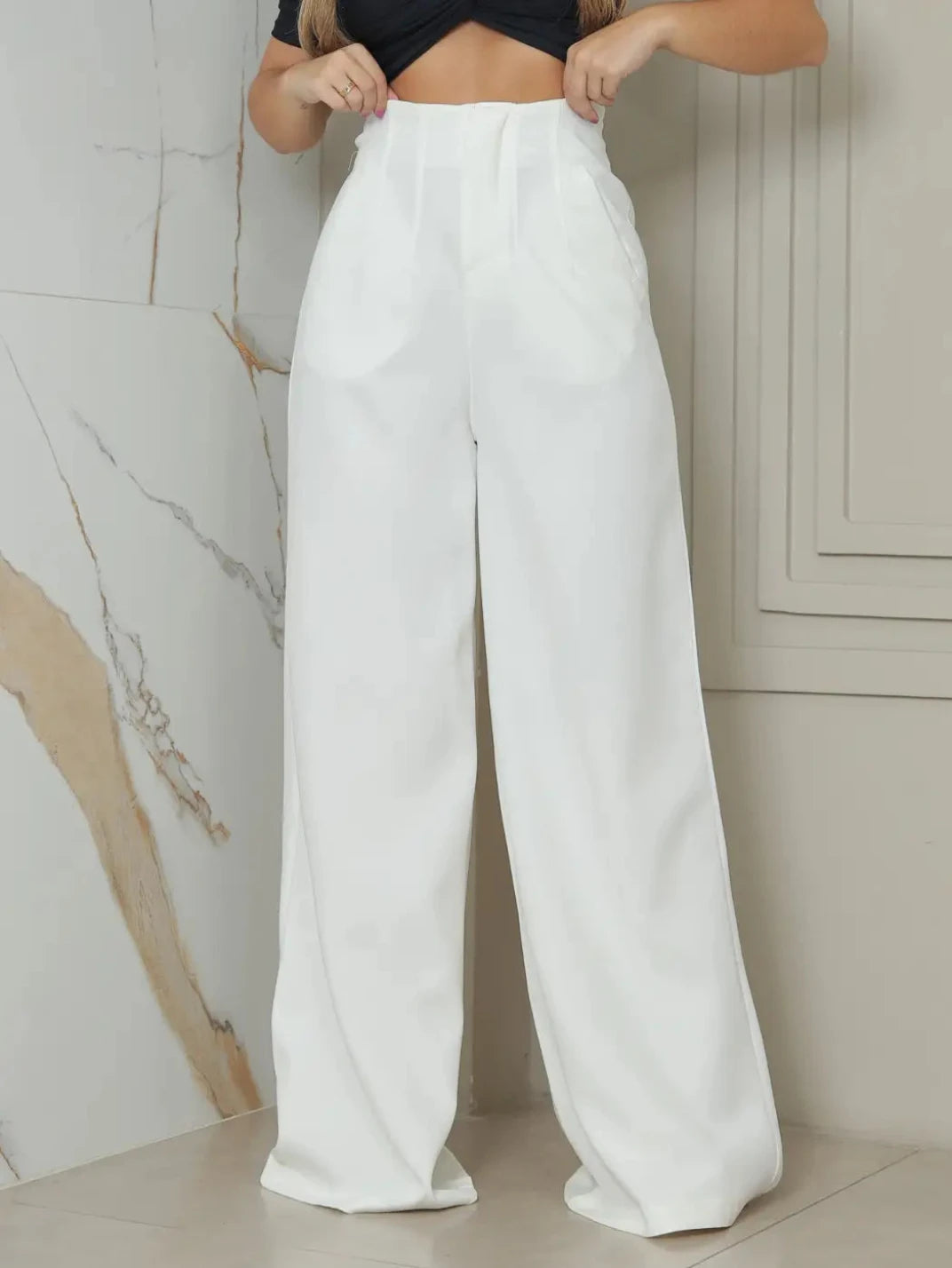 Calça Pantalona Alfaiataria Cintura Alta Branca