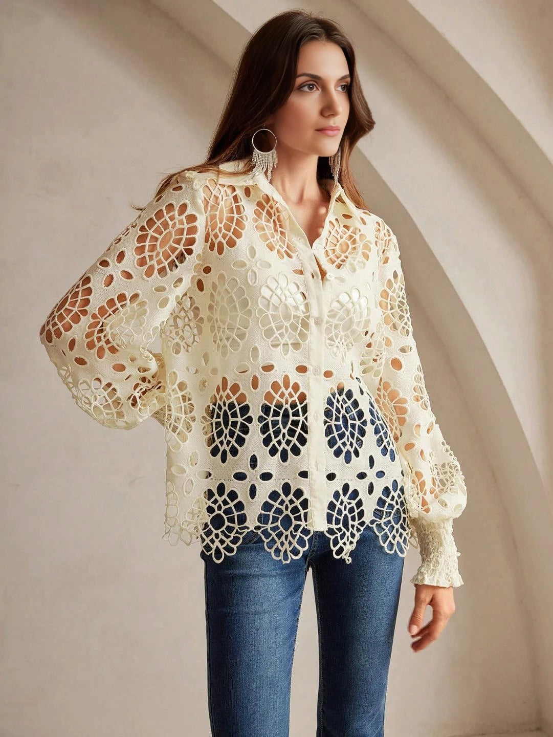 Camisa Feminina Manga Longa Bordado Vazado - EstiloE, Camisa Feminina, Camisa Feminina Manga Longa, Camisa Bordada, Camisa Feminina Branca, Blusa Feminina, Blusa Manga Longa, Blusa Manga Bufante, Blusa Branca