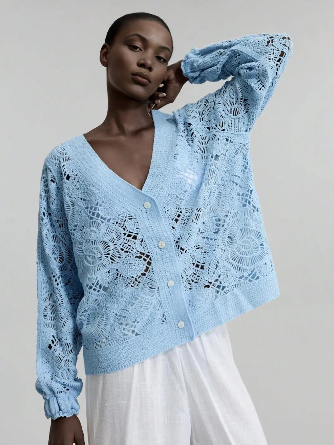 Cardigan Feminio Crochê Floral Azul