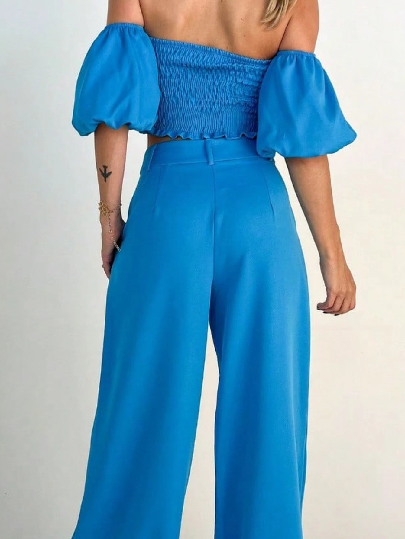 Conjunto Alfaiataria Manga com Flor Azul - EstiloE, Conjunto Pantalona, Conjunto Feminino, Conjunto de Calça e Blusa, Conjunto Calça e Blusa Feminino, Conjunto Alfaiataria Feminino