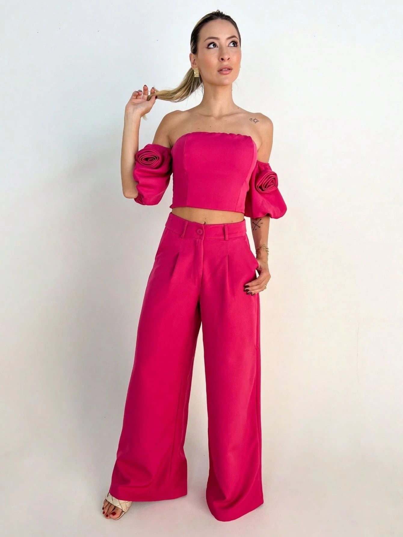 Conjunto Alfaiataria Manga com Flor Pink - EstiloE, Conjunto Pantalona, Conjunto Feminino, Conjunto de Calça e Blusa, Conjunto Calça e Blusa Feminino, Conjunto Alfaiataria Feminino
