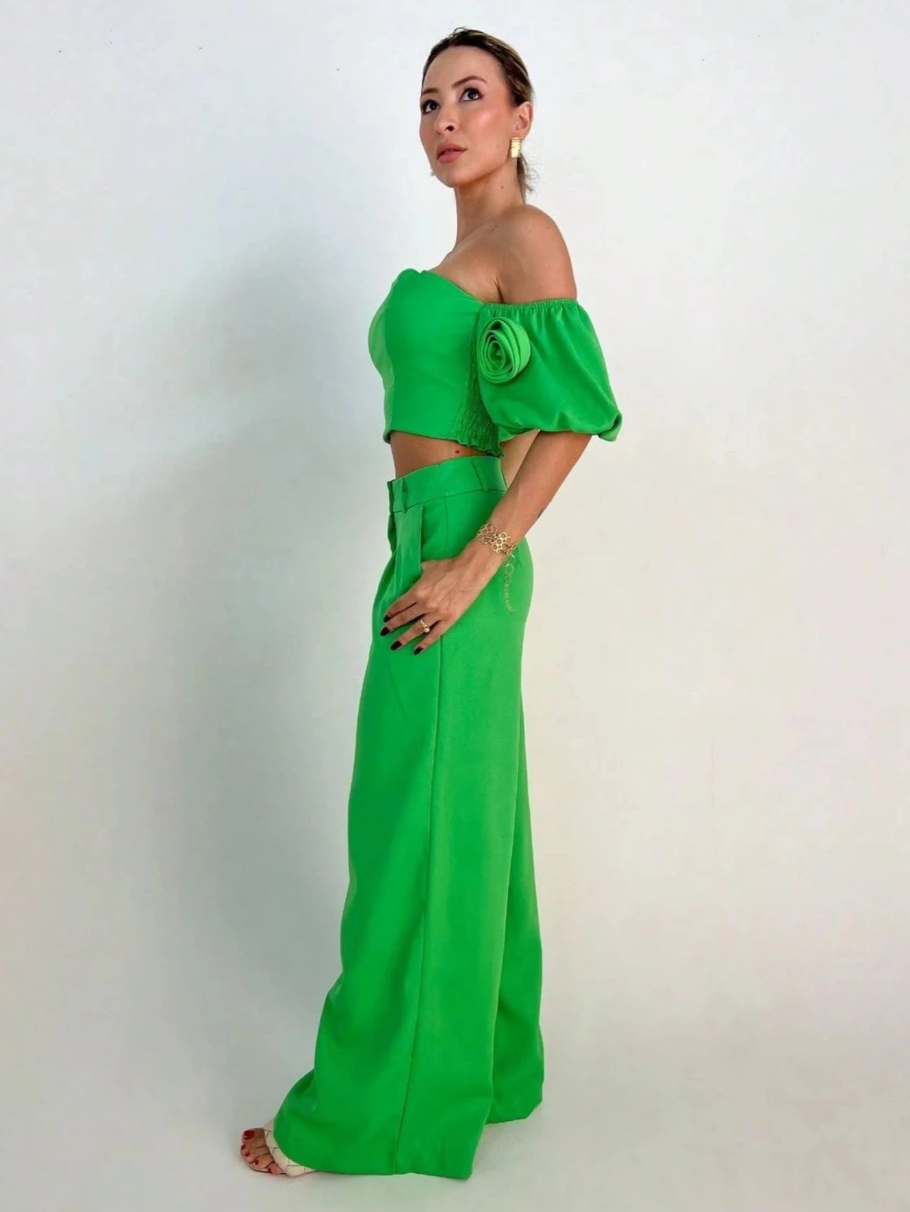 Conjunto Alfaiataria Manga com Flor Verde - EstiloE, Conjunto Pantalona, Conjunto Feminino, Conjunto de Calça e Blusa, Conjunto Calça e Blusa Feminino, Conjunto Alfaiataria Feminino