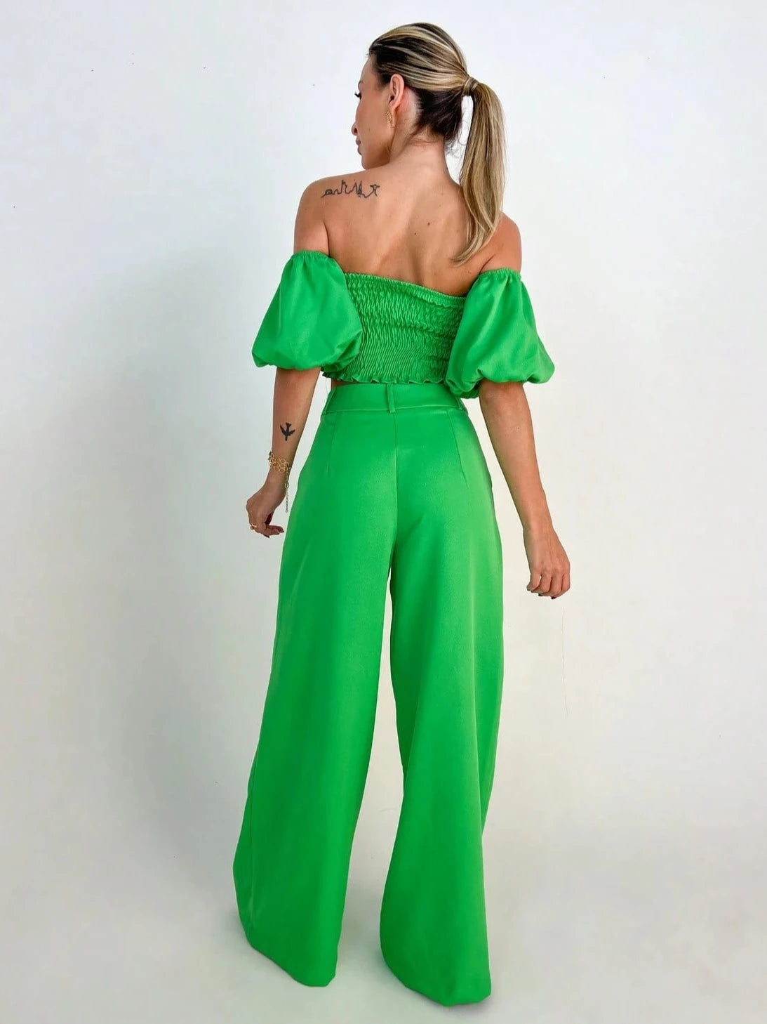 Conjunto Alfaiataria Manga com Flor Verde - EstiloE, Conjunto Pantalona, Conjunto Feminino, Conjunto de Calça e Blusa, Conjunto Calça e Blusa Feminino, Conjunto Alfaiataria Feminino