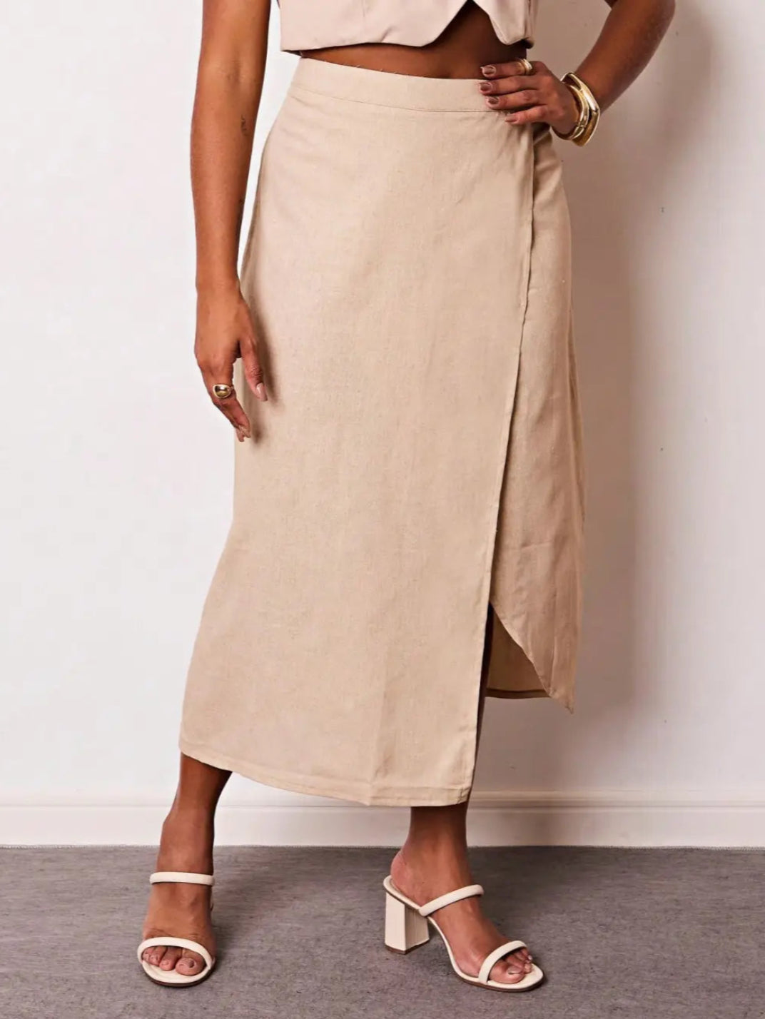 Saia Midi Linho Envelope Bege