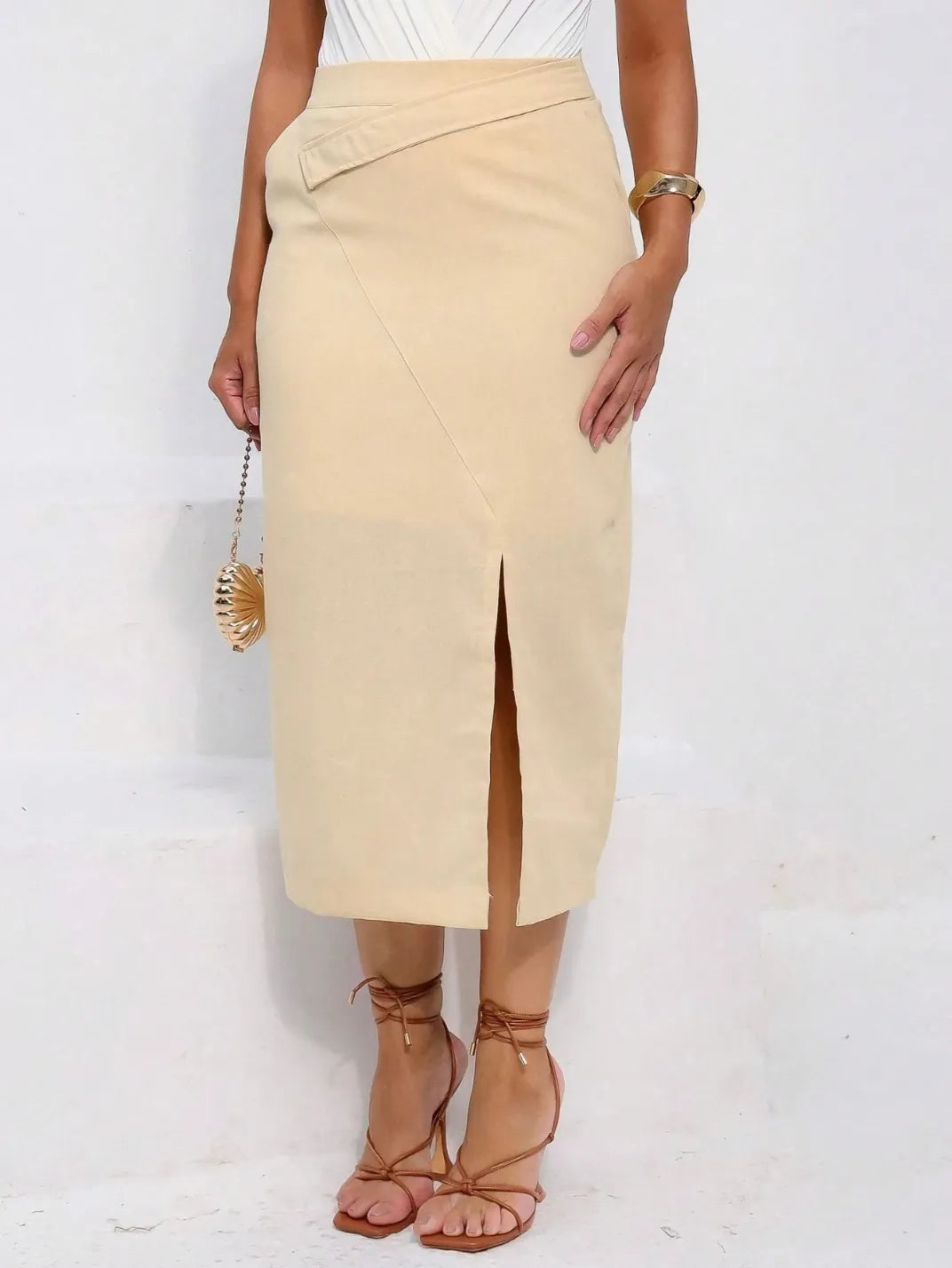 Saia Midi Linho Lápis Fenda Creme EstiloE, Saia Midi de Linho, Saia Midi, Saia Linho, Saia Feminina, Saia com Fenda, Saia Casual, Saia Linho Creme, Saia Bege, Saia Lápis
