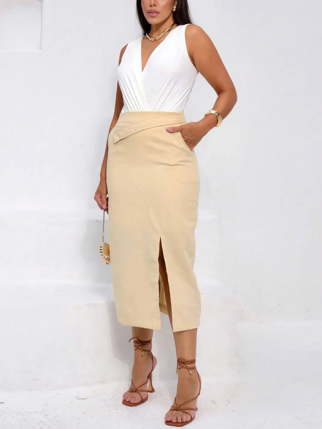 Saia Midi Linho Lápis Fenda Creme EstiloE, Saia Midi de Linho, Saia Midi, Saia Linho, Saia Feminina, Saia com Fenda, Saia Casual, Saia Linho Creme, Saia Bege, Saia Lápis