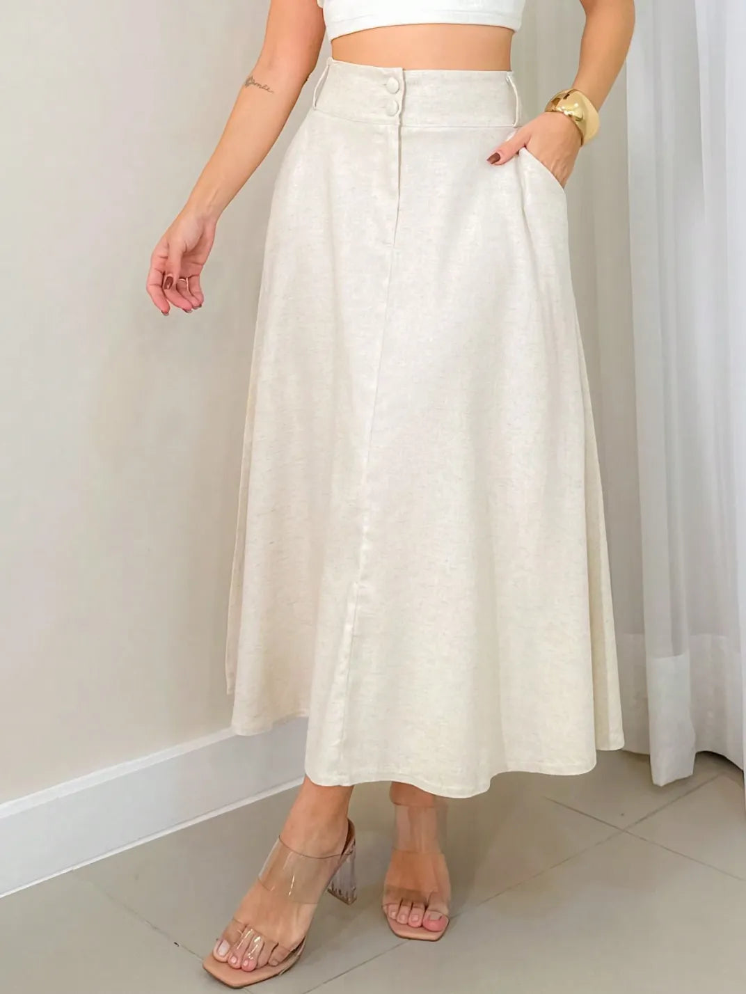 Saia Midi Linho com Bolso Natural1