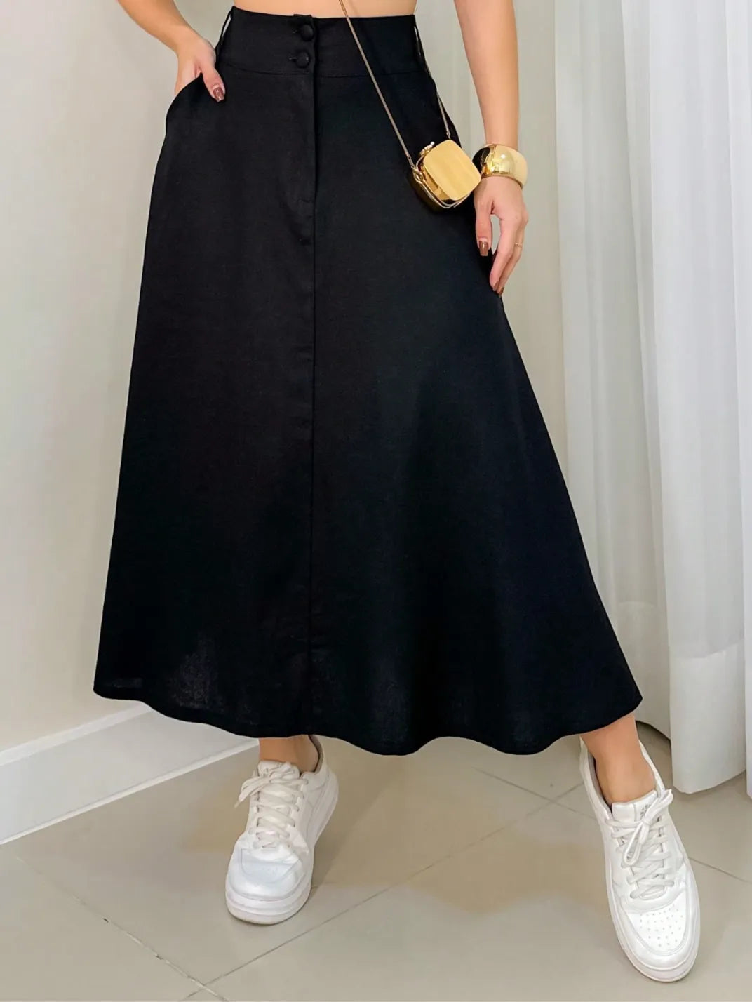 Saia Midi Linho com Bolso Preto - Main Image