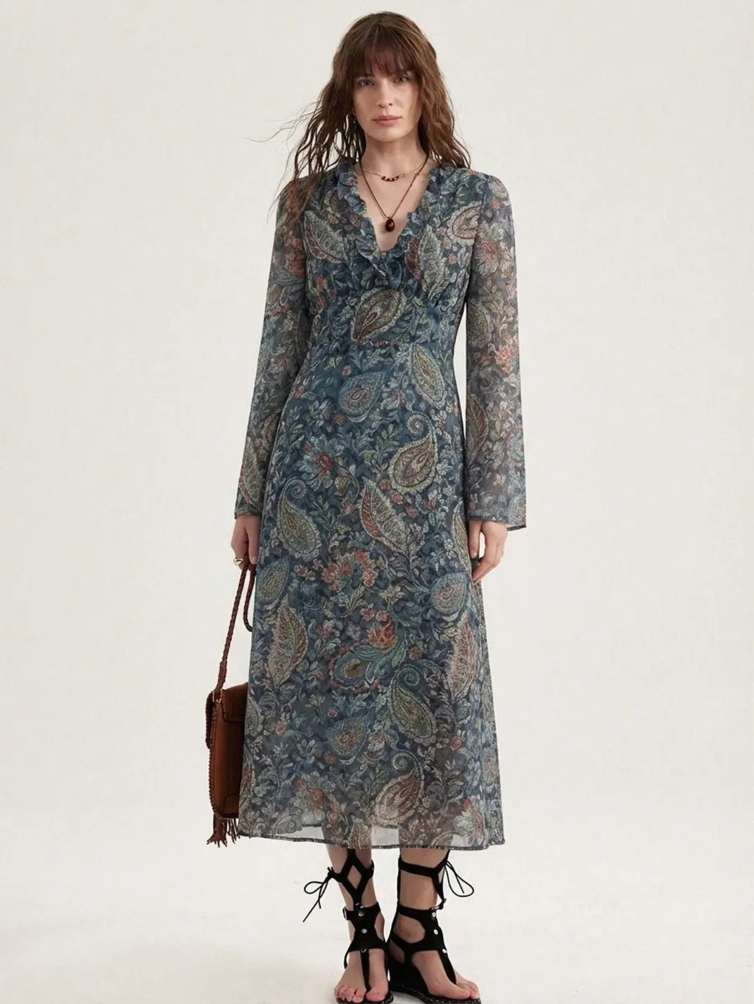 Vestido Midi Manga Longa Flare Estampa Azul - EstiloE, Vestido Manga Longa Flare, Vestido Midi, Vestido Manga Longa, Vestido Casual, Vestido Elegante, Vestido Longo, Vestido Chiffon, Vestido Estampa Azul, Vestido Estampado, Vestido Ajustado, Vestido Estampa Azul Petróleo