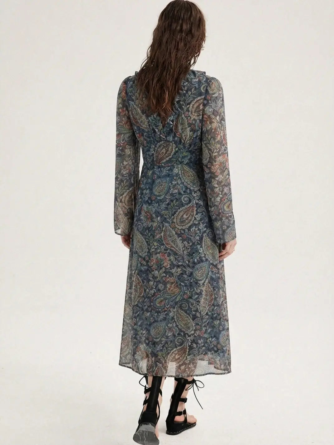 Vestido Midi Manga Longa Flare Estampa Azul - EstiloE, Vestido Manga Longa Flare, Vestido Midi, Vestido Manga Longa, Vestido Casual, Vestido Elegante, Vestido Longo, Vestido Chiffon, Vestido Estampa Azul, Vestido Estampado, Vestido Ajustado, Vestido Estampa Azul Petróleo