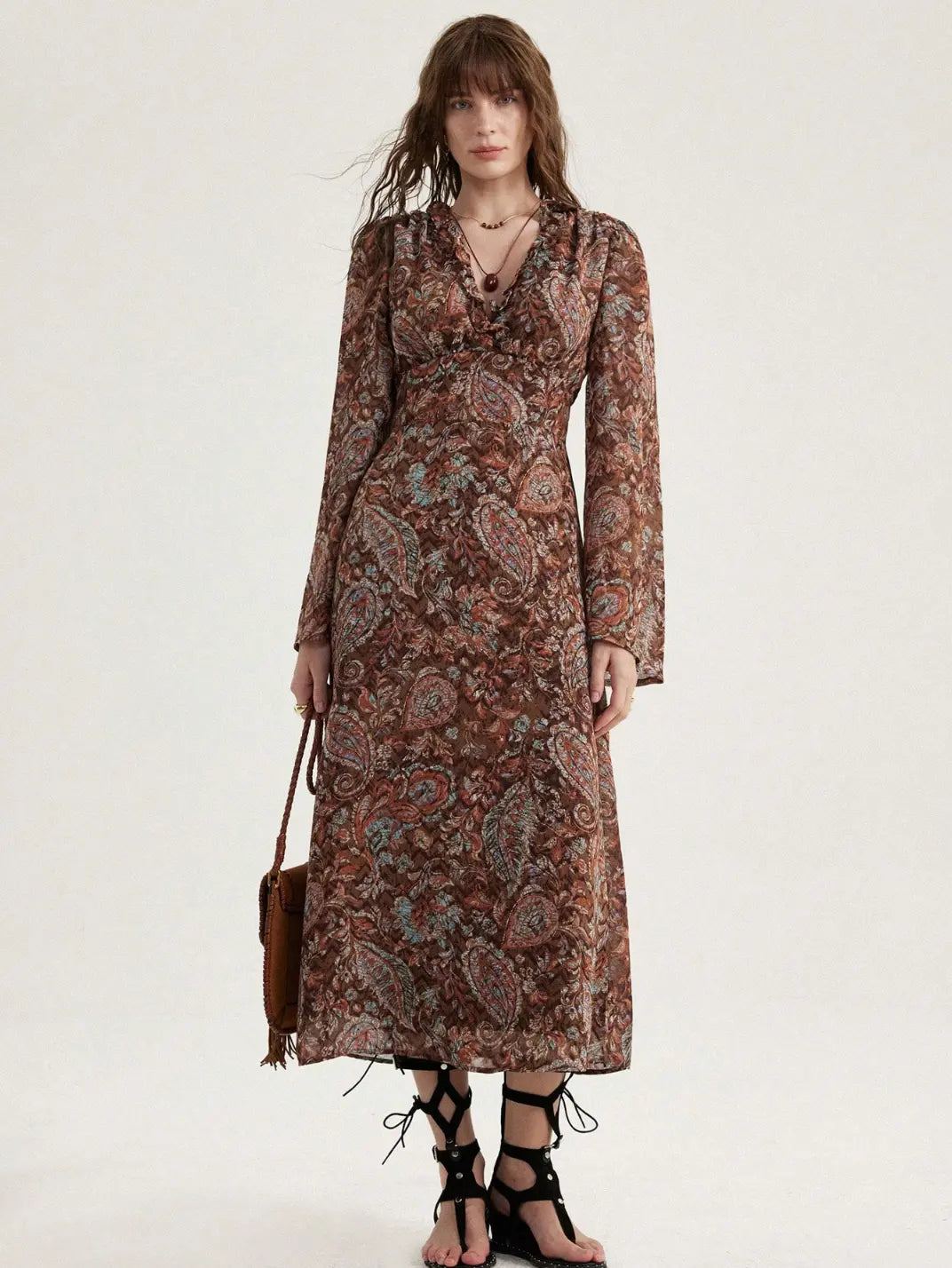 Vestido Midi Manga Longa Flare Estampa Marrom - EstiloE, Vestido Manga Longa Flare, Vestido Midi, Vestido Manga Longa, Vestido Casual, Vestido Elegante, Vestido Longo, Vestido Chiffon, Vestido Estampa Marrom, Vestido Estampado, Vestido Ajustado