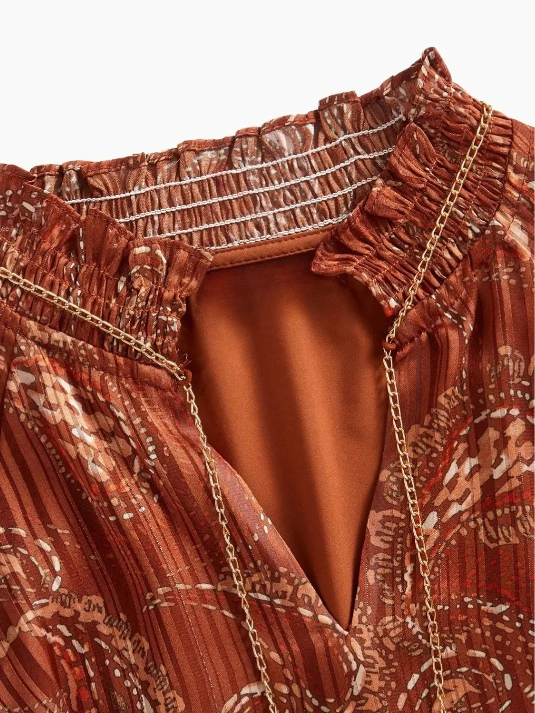 Vestido Midi Manga Longa Textura Paisley Castanho