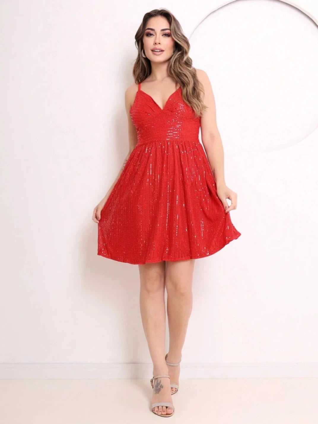 Vestido Curto Paetê Franzido Vermelho