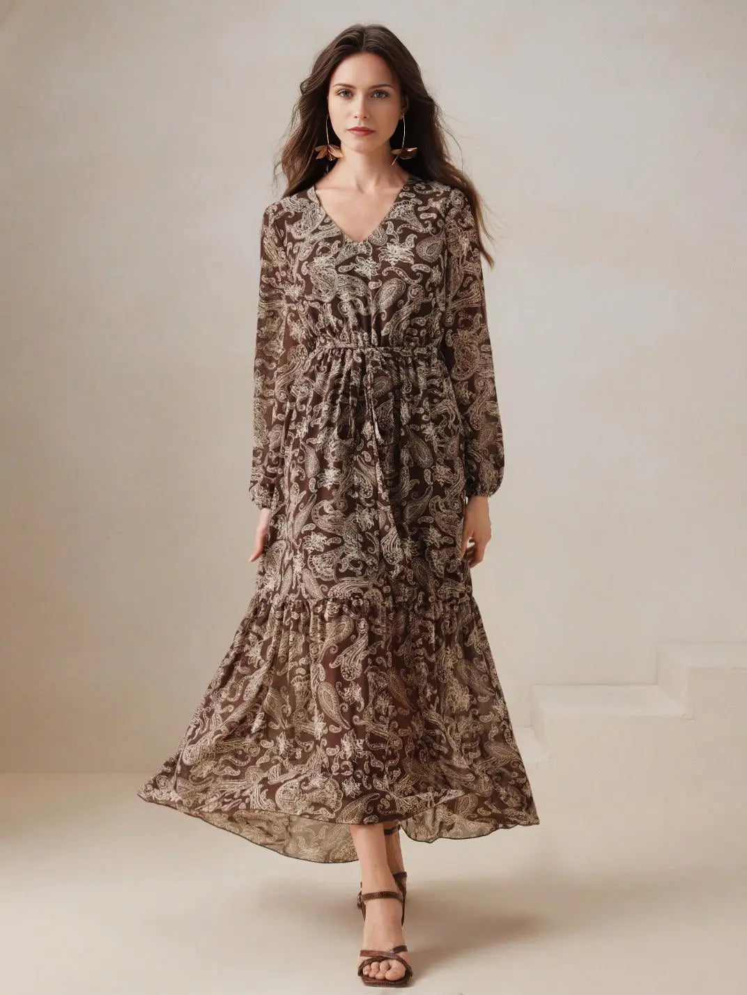 Vestido Longo Franzido Manga Longa Boho- EstiloE, Vestido Manga Longa Bufante, Vestido Longo, Vestido Manga Longa, Vestido Boho, Vestido Elegante, Vestido Casual, Vestido Chiffon, Vestido Estampa Paislay, Vestido Boho Chic