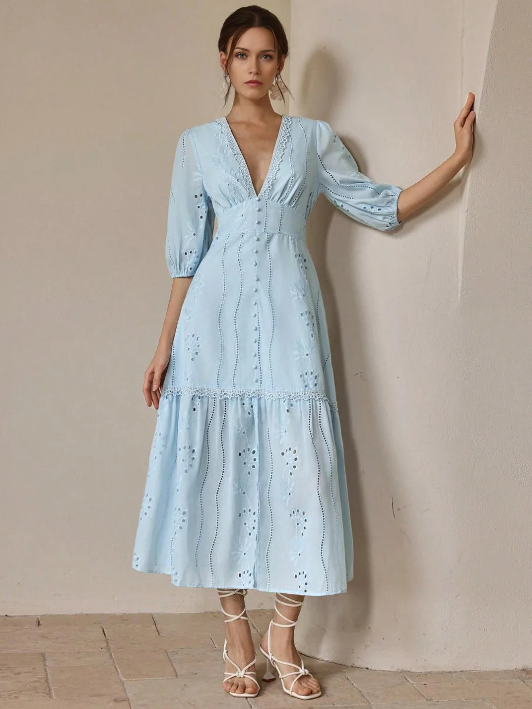 Vestido Longo Laise com Manga Azul - EstiloE, Vestido Manga Bufante, Vestido Longo, Vestido Laise, Vestido Feminino, Vestido Casual, Vestido Boho, Vestido Azul