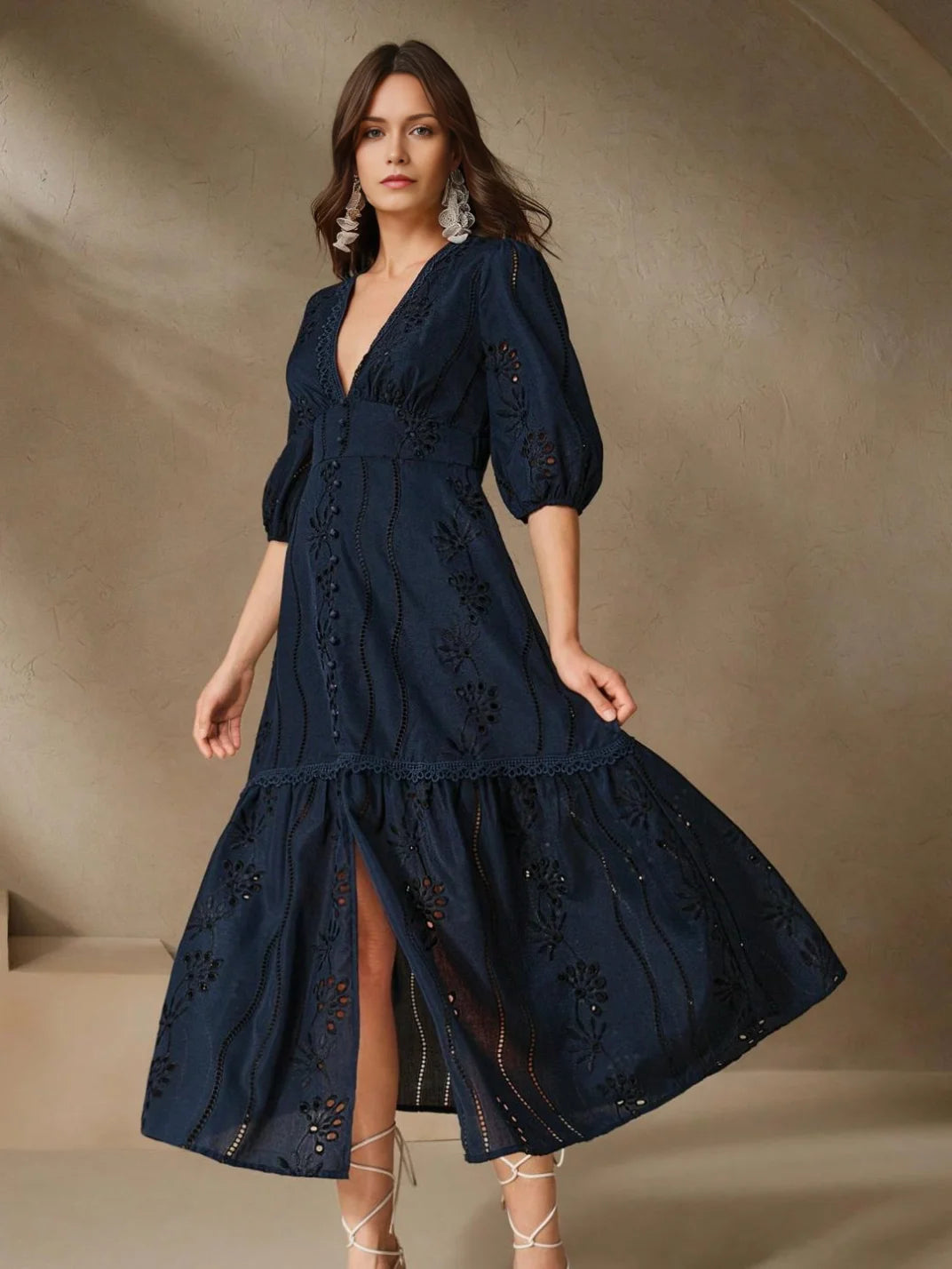 Vestido Longo Laise com Manga Marinho - EstiloE, Vestido Manga Bufante, Vestido Longo, Vestido Laise, Vestido Feminino, Vestido Casual, Vestido Boho, Vestido Azul Marinho, Vestido Marinho