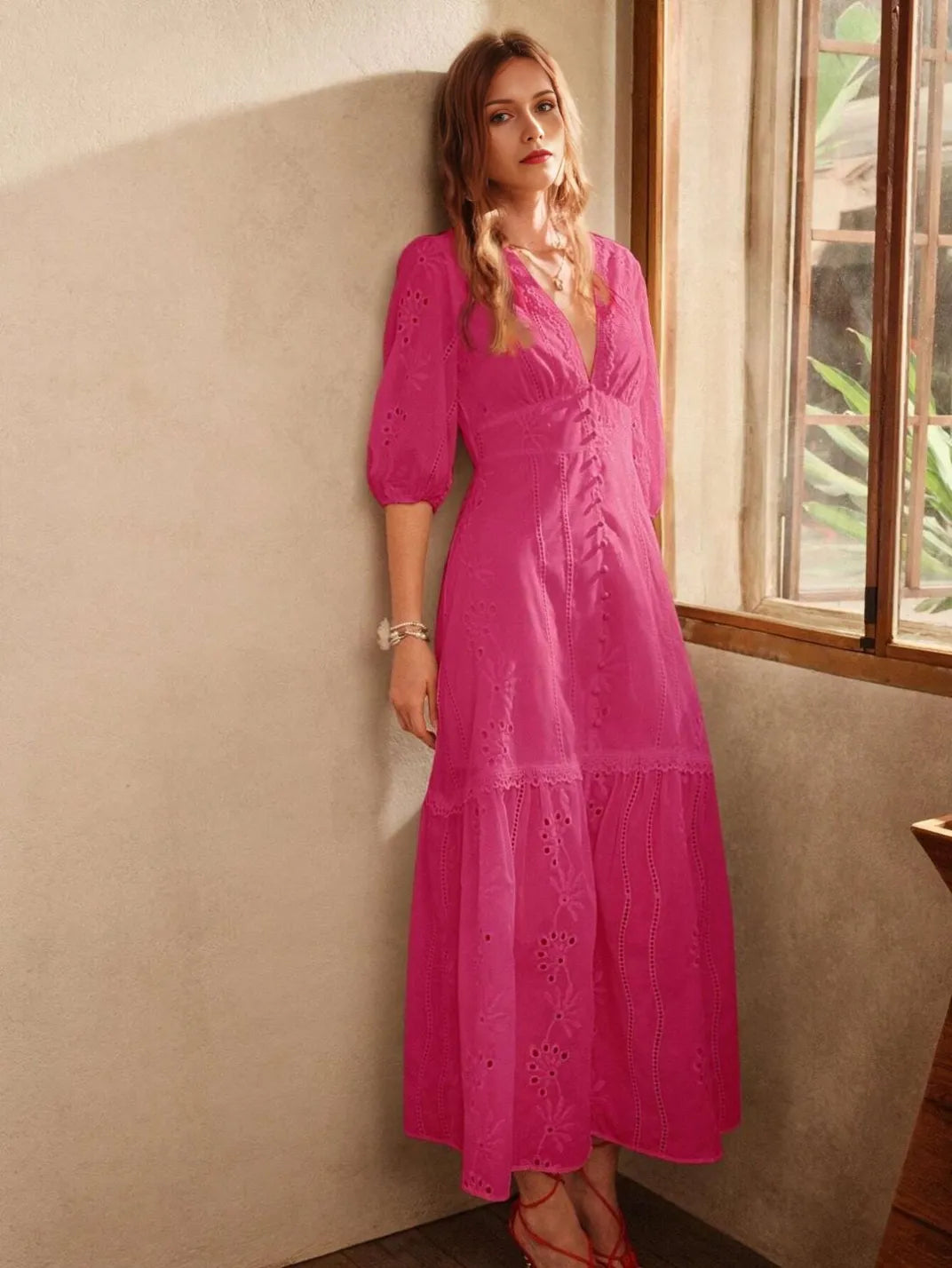 Vestido Longo Laise com Manga Pink - EstiloE, Vestido manga Bufante, Vestido Longo, Vestido Laise, Vestido Feminino, Vestido Casual, Vestido Boho, Vestido Pink