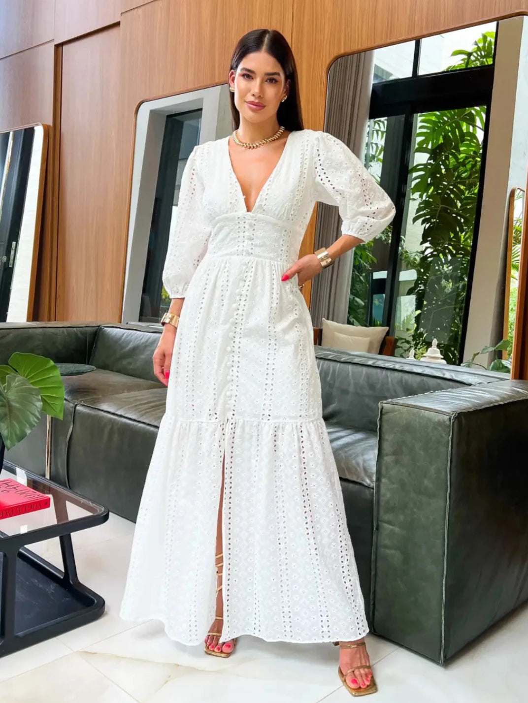 Vestido Longo Laise com Manga Branco - EstiloE, Vestido manga Bufante, Vestido Longo, Vestido Laise, Vestido Feminino, Vestido Casual, Vestido Boho, Vestido Branco