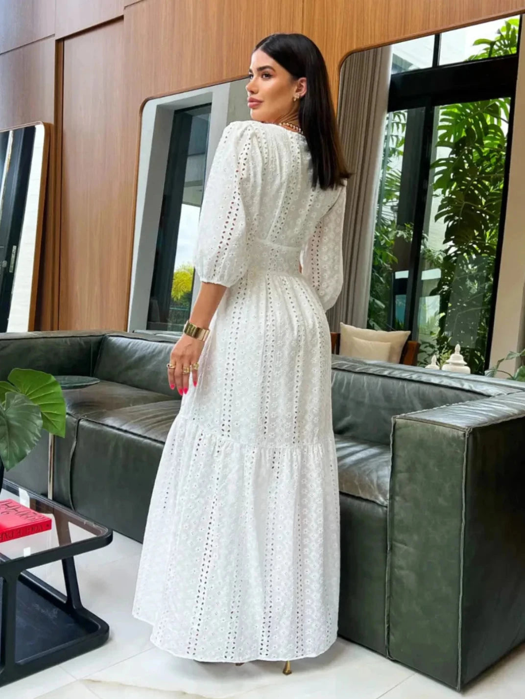 Vestido Longo Laise com Manga Branco - EstiloE, Vestido manga Bufante, Vestido Longo, Vestido Laise, Vestido Feminino, Vestido Casual, Vestido Boho, Vestido Branco