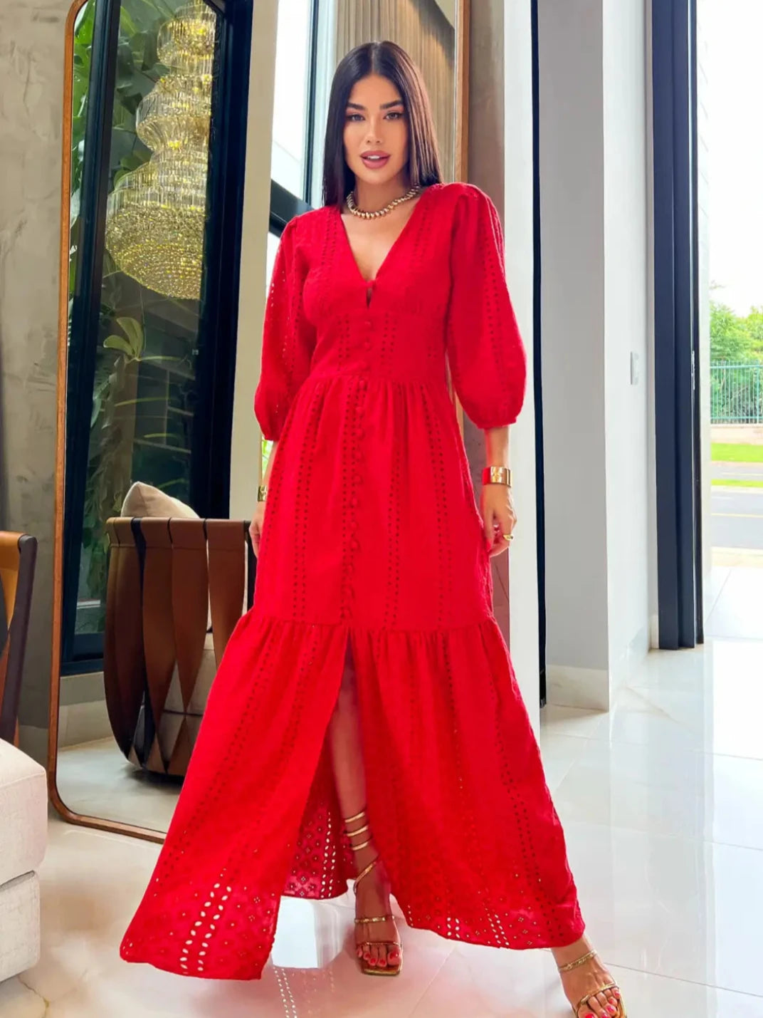 Vestido Longo Laise com Manga Vermelho - EstiloE, Vestido manga Bufante, Vestido Longo, Vestido Laise, Vestido Feminino, Vestido Casual, Vestido Boho, Vestido Vermelho