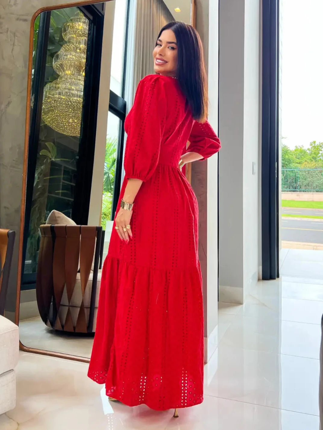 Vestido Longo Laise com Manga Vermelho - EstiloE, Vestido manga Bufante, Vestido Longo, Vestido Laise, Vestido Feminino, Vestido Casual, Vestido Boho, Vestido Vermelho