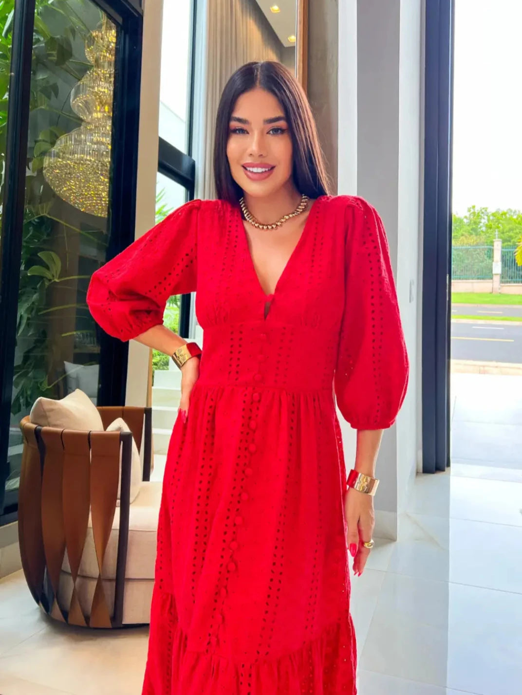 Vestido Longo Laise com Manga Vermelho - EstiloE, Vestido manga Bufante, Vestido Longo, Vestido Laise, Vestido Feminino, Vestido Casual, Vestido Boho, Vestido Vermelho
