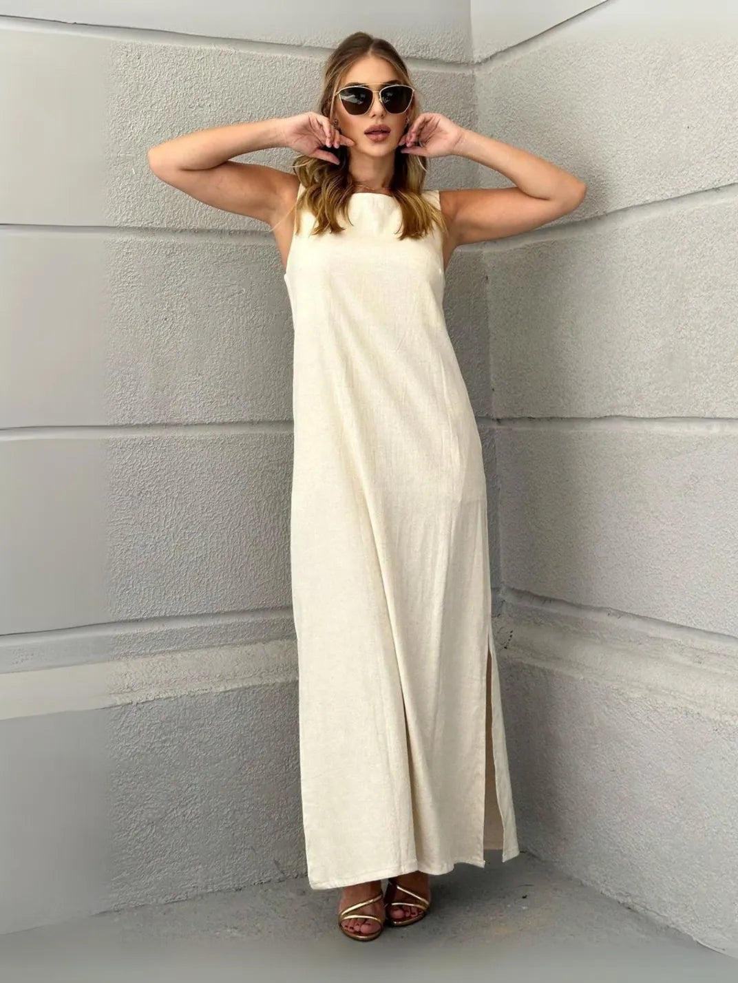 Vestido Longo Linho Fendas Natural