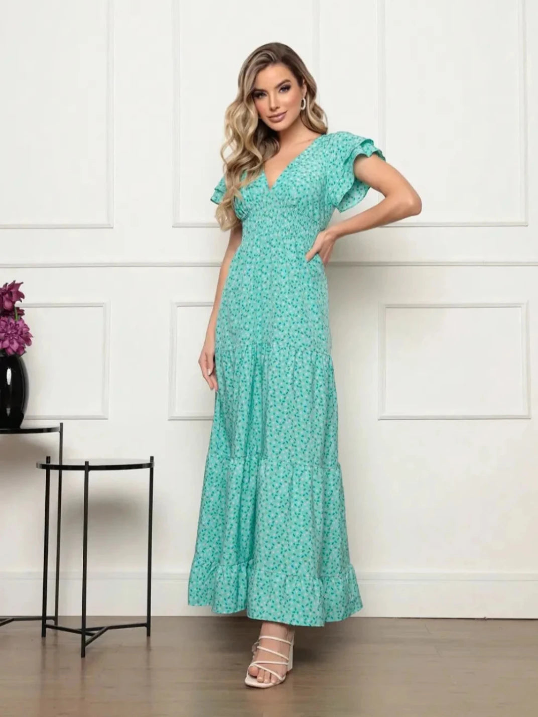 Vestido Longo Manga Babado Turquesa