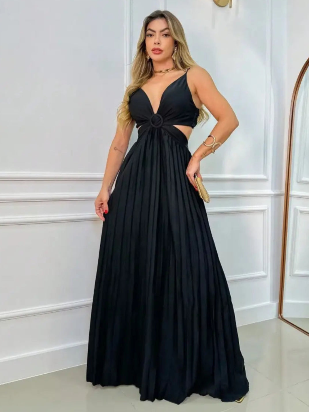 Vestido Longo Plissado Top Cruzado Preto