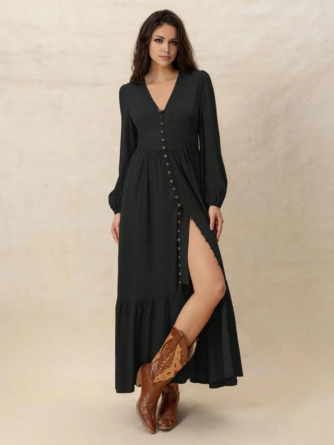 Vestido Longo com Renda Manga Longa Preto - EstiloE, Vestido Manga Longa Bufante, Vestido Longo, Vestido Manga Longa, Vestido Boho, Vestido Elegante, Vestido Casual, Vestido de Viscose, Vestido Boho Chic, Vestido Preto