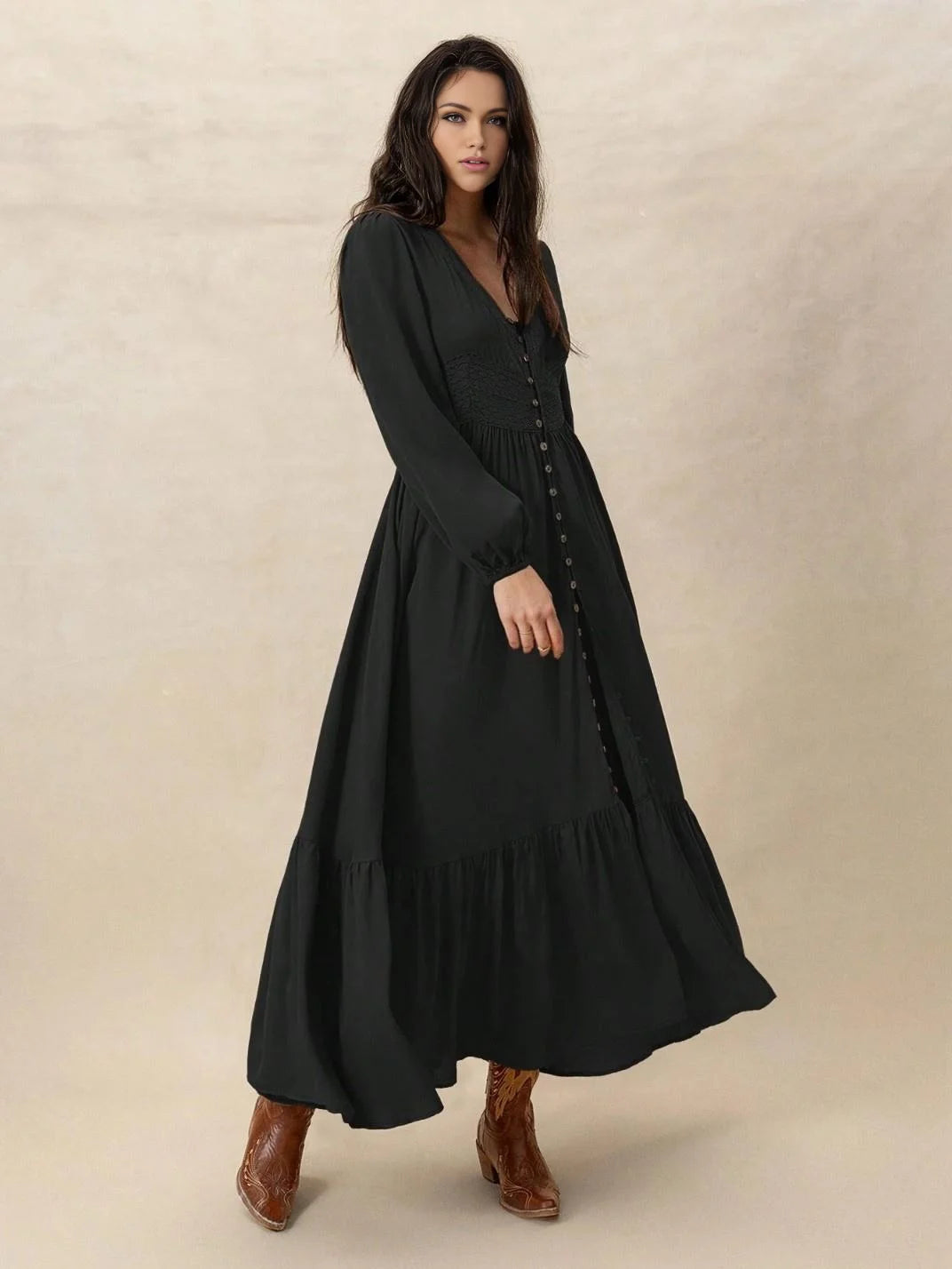 Vestido Longo com Renda Manga Longa Preto - EstiloE, Vestido Manga Longa Bufante, Vestido Longo, Vestido Manga Longa, Vestido Boho, Vestido Elegante, Vestido Casual, Vestido de Viscose, Vestido Boho Chic, Vestido Preto