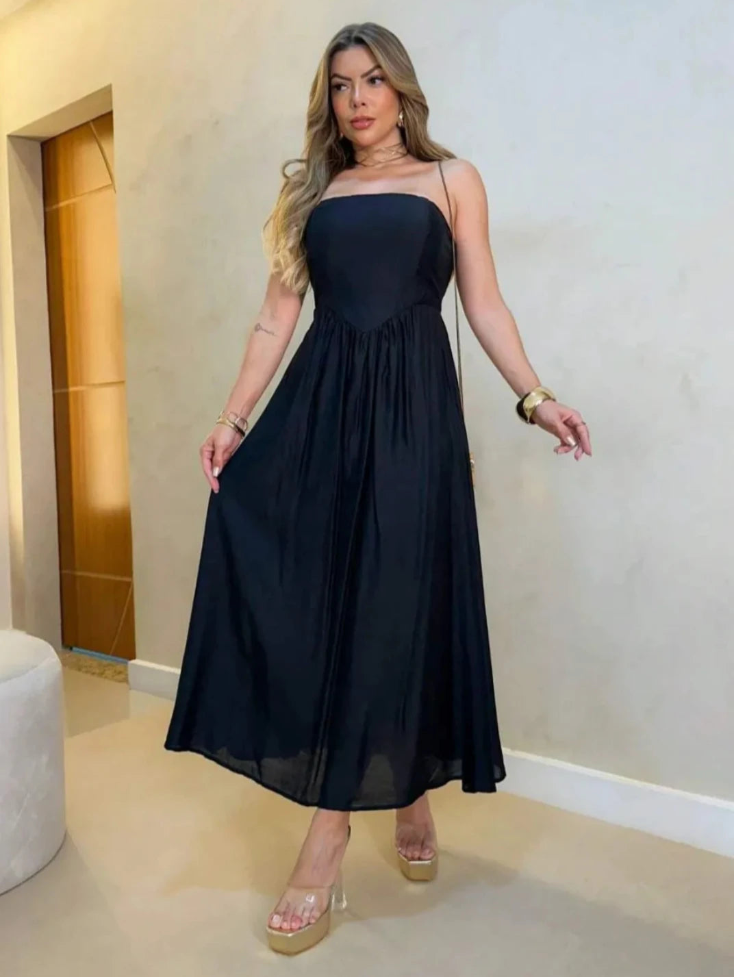 Vestido Longo Tomara Que Caia Acetinado Preto