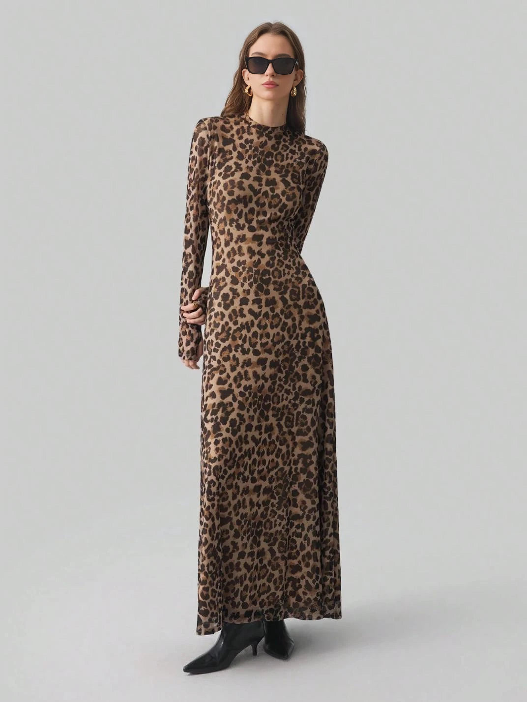 Vestido Maxi Manga Longa Animal Print - EstiloE, Vestido Manga Longa Tule, Vestido Longo, Vestido Manga Longa, Vestido Manguito, Vestido Elegante, Vestido Moderno, Vestido Maxi, Vestido Animal Print, Vestido estampa Onça