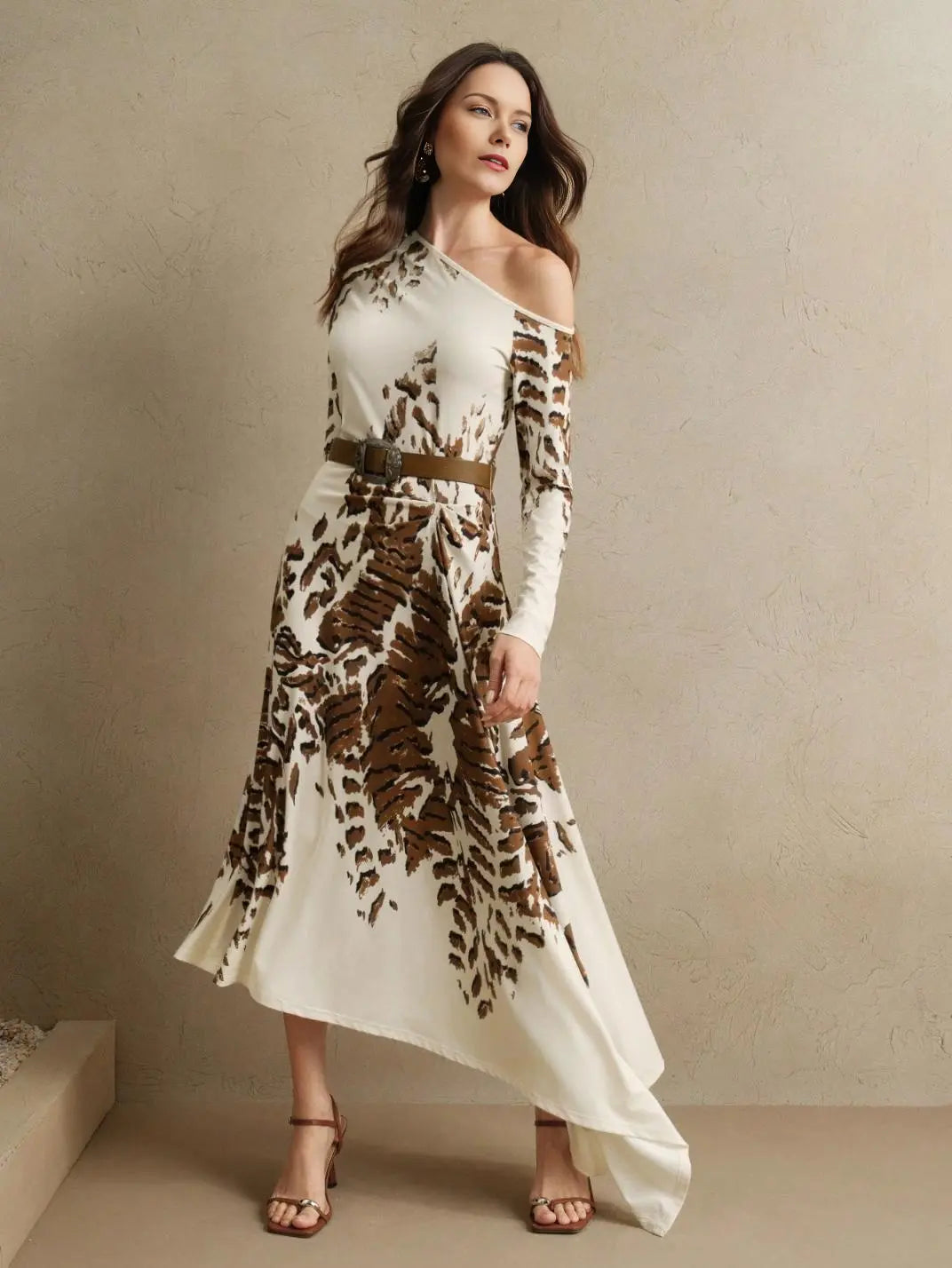 Vestido Midi Manga Longa Assimétrico - EstiloE, Vestido Manga Ombro a Mostra, Vestido Longo, Vestido Manga Longa, Vestido Boho, Vestido Elegante, Vestido Midi, Vestido Moderno, Vestido Assimétrico