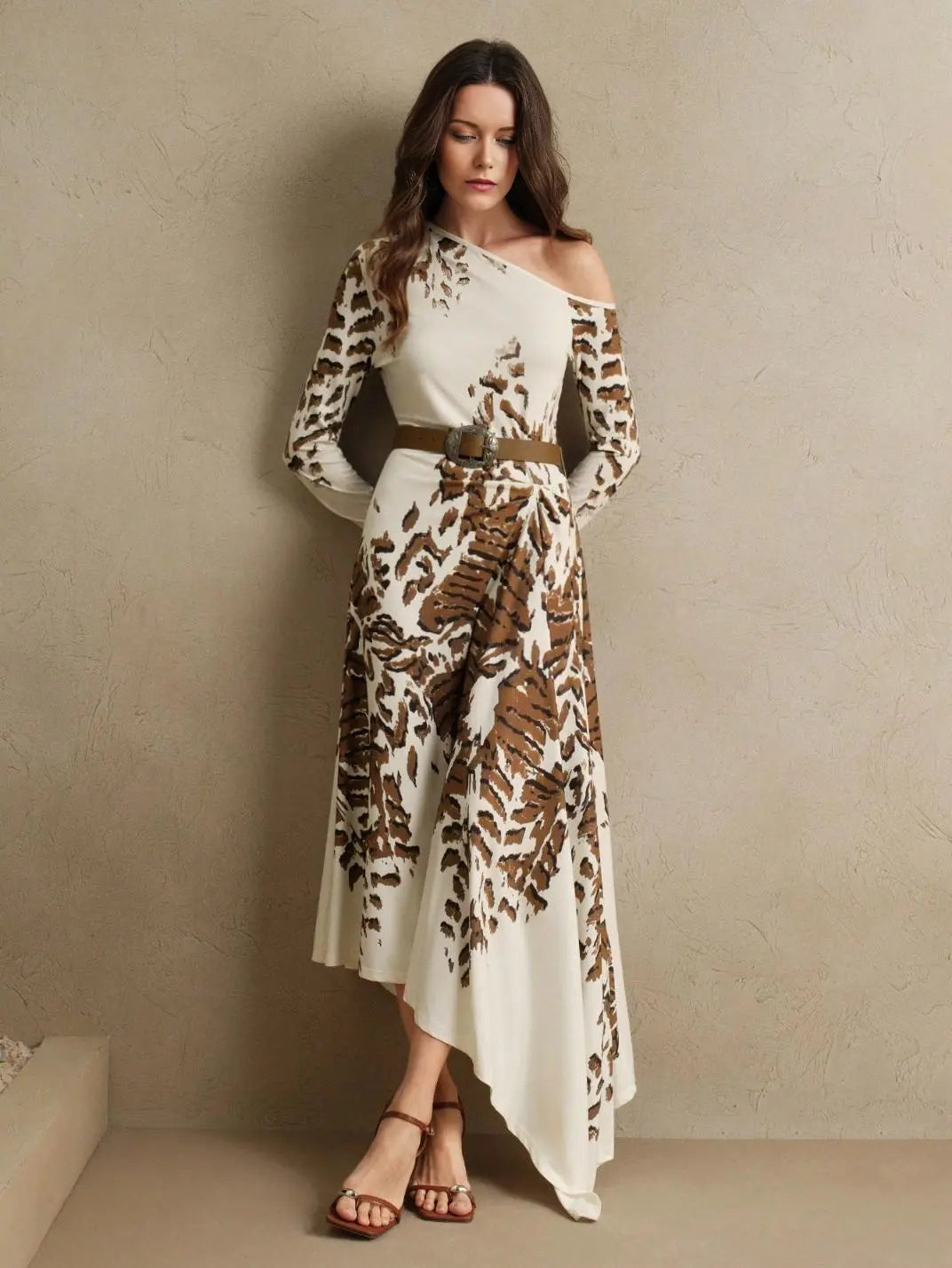 Vestido Midi Manga Longa Assimétrico - EstiloE, Vestido Manga Ombro a Mostra, Vestido Longo, Vestido Manga Longa, Vestido Boho, Vestido Elegante, Vestido Midi, Vestido Moderno, Vestido Assimétrico