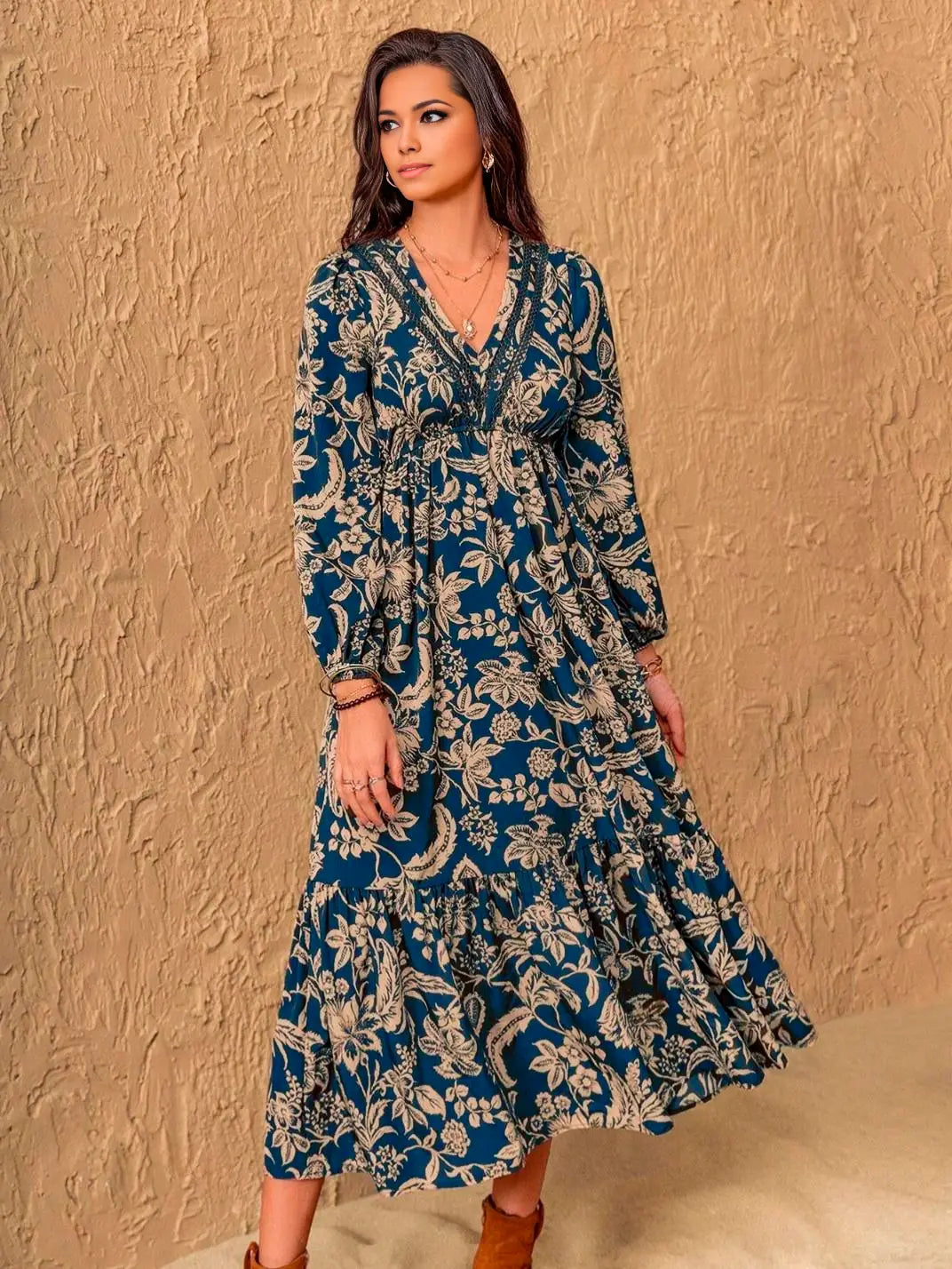 Vestido Midi Manga Longa Boho Floral Azul