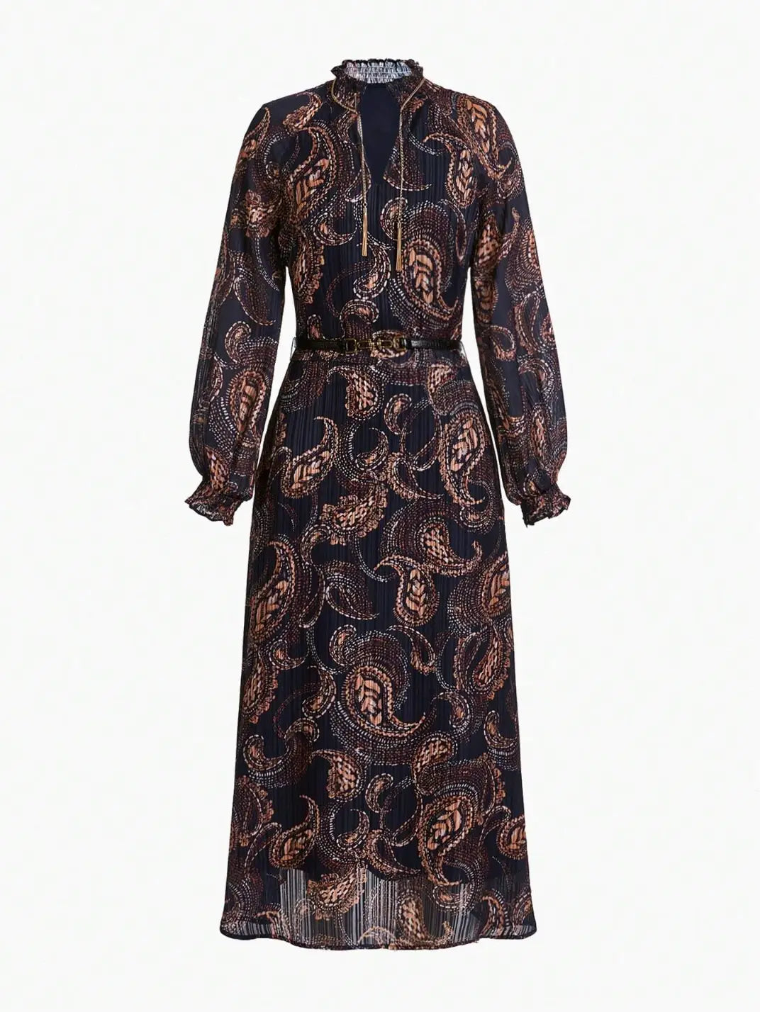 Vestido Midi Manga Longa Textura Paisley - EstiloE, Vestido Manga Longa Bufante, Vestido Longo, Vestido Manga Longa, Vestido Boho, Vestido Elegante, Vestido Midi, Vestido Chiffon, Vestido Estampa Paislay
