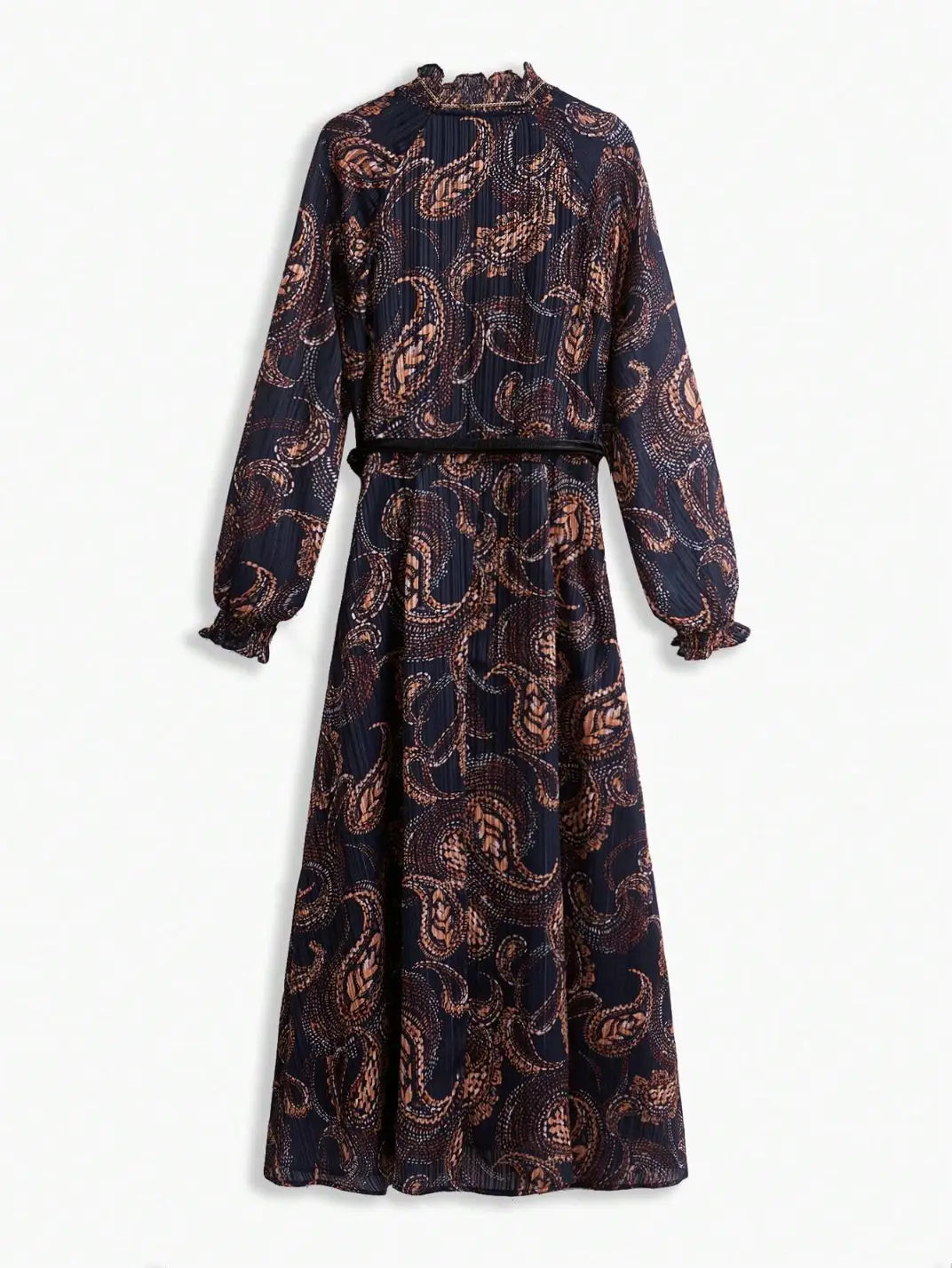 Vestido Midi Manga Longa Textura Paisley - EstiloE, Vestido Manga Longa Bufante, Vestido Longo, Vestido Manga Longa, Vestido Boho, Vestido Elegante, Vestido Midi, Vestido Chiffon, Vestido Estampa Paislay
