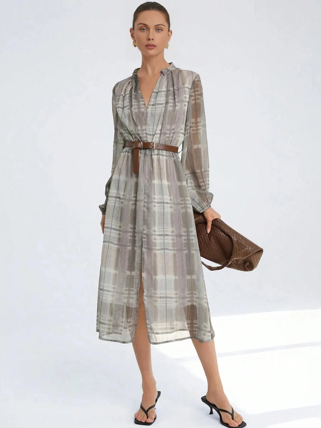 Vestido Midi Manga Longa Xadrez Glam - EstiloE, Vestido Manga Longa Bufante, Vestido Longo, Vestido Manga Longa, Vestido Social, Vestido Elegante, Vestido Midi, Vestido Chiffon, Vestido Xadrez, Vestio Estampado
