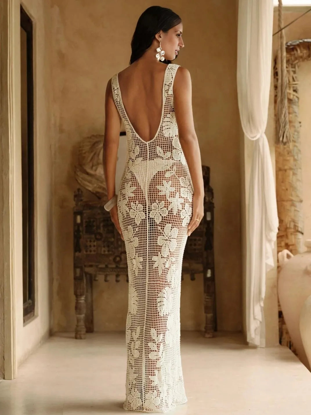 Vestido Saída de Praia Longo Ibisco Bege Bege EstiloE, Vestido Feminino, Vestido Saída de Praia, Vestido Croche, Vestido Longo Croche, Saída de Praia Croche Bege