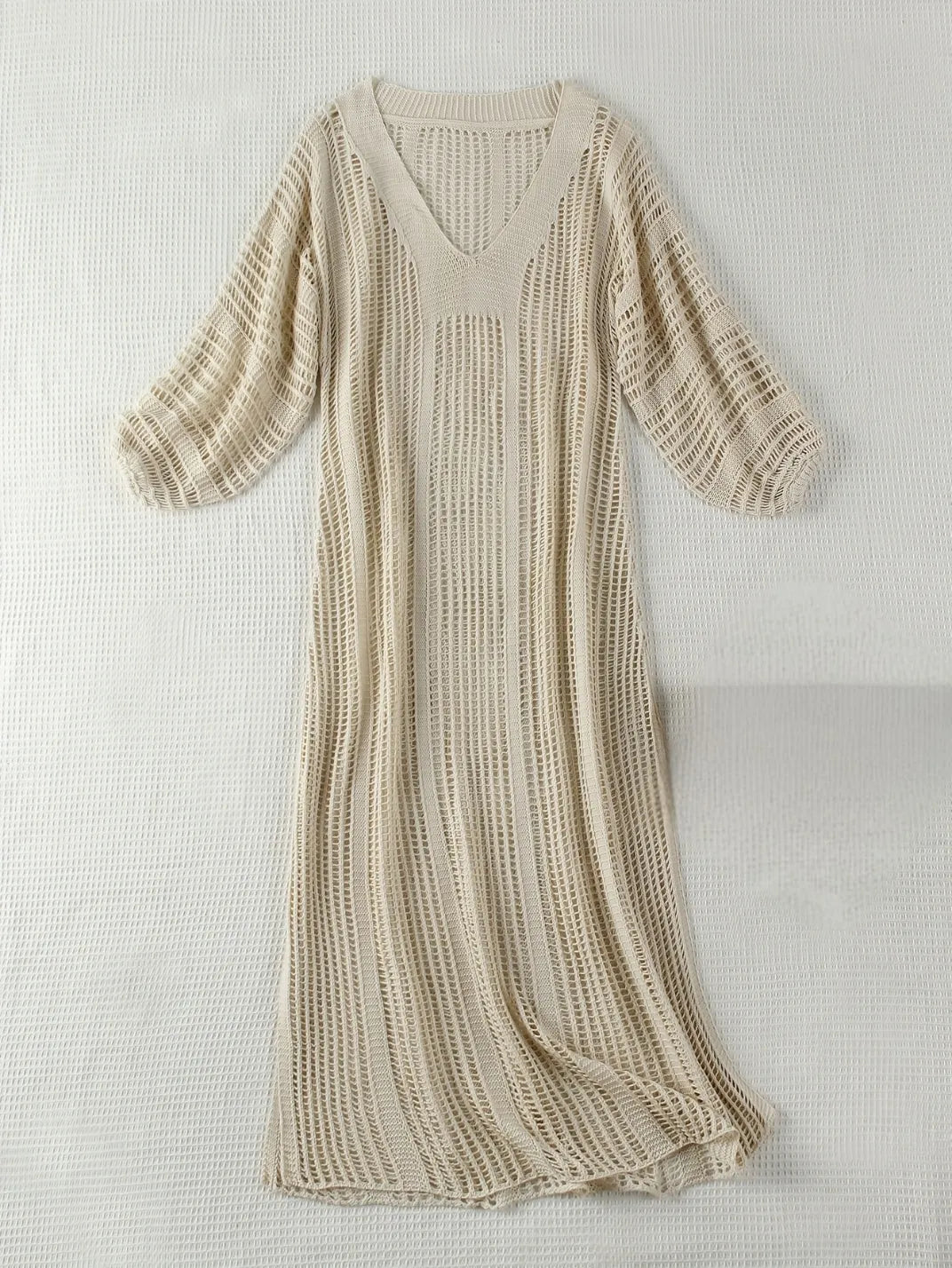 Vestido Saída de Praia Longo Tricô Bege EstiloE, Vestido Feminino, Vestido Saída de Praia, Vestido Croche, Vestido Longo Trico, Saída de Praia Trico Bege, Vestido Trico