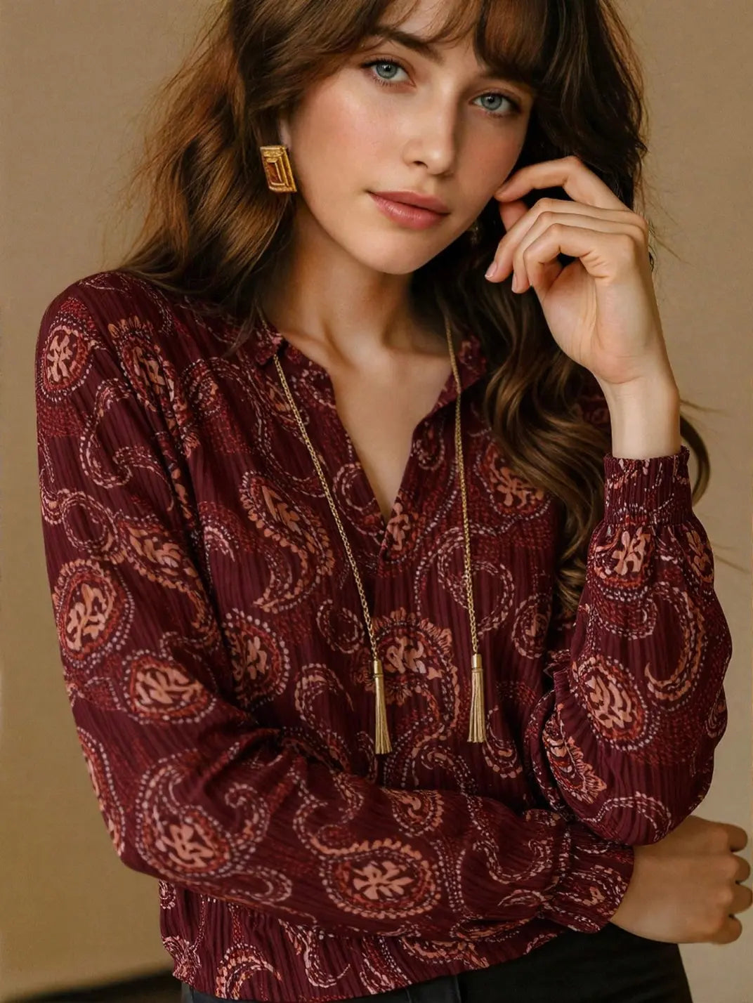 Blusa Manga Longa Textura Vinho - EstiloE, Camisa Manga Longa, Camisa Feminina Manga Longa, Camisa Feminina Floral, Camisa Feminina Estampada, Camisa Feminina, Blusa Sofisticada, Blusa Manga Longa, Blusa Feminina Vinho, Blusa Feminina, Blusa Estampa Pasley, Blusa Elegante