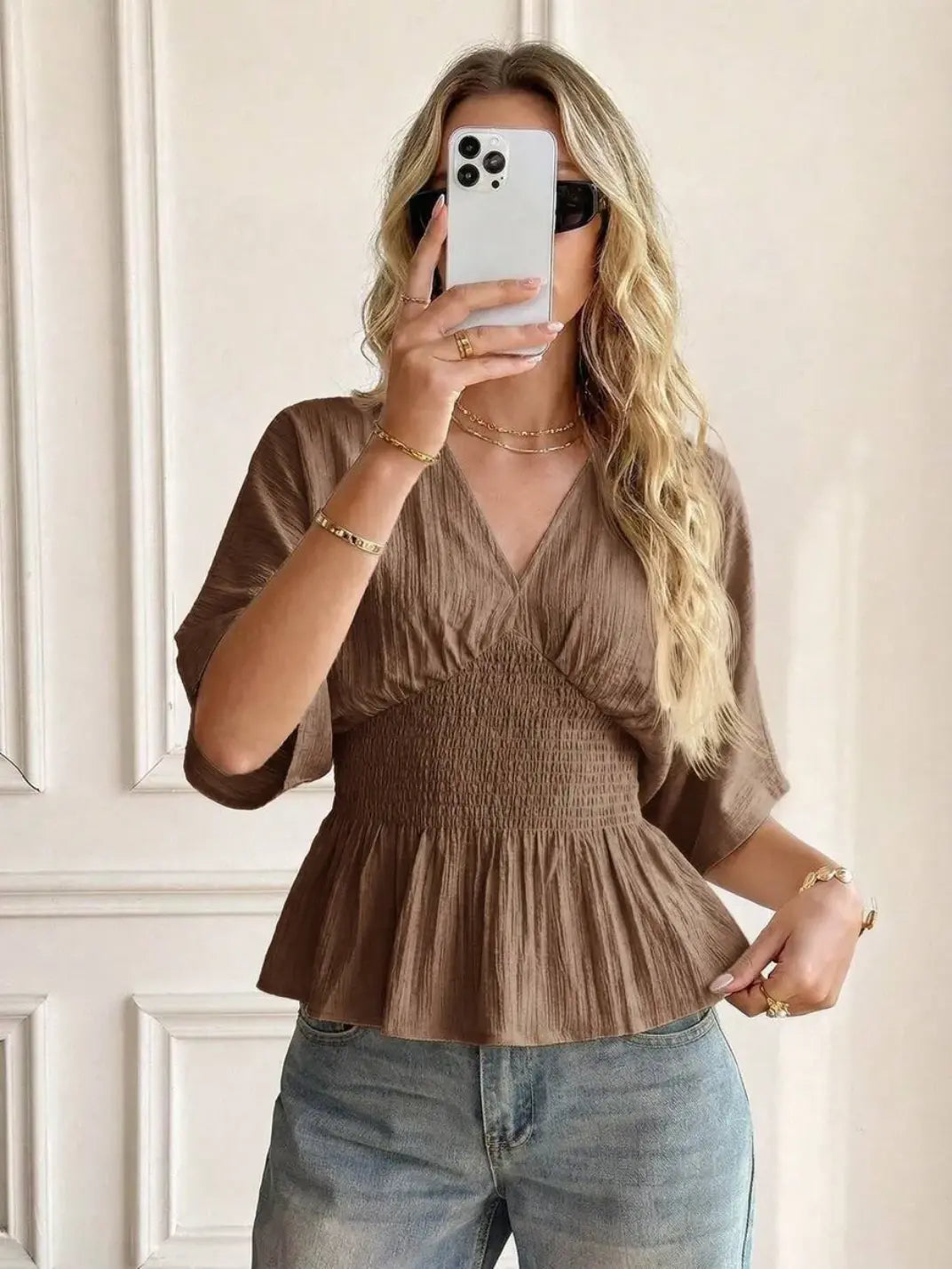 Blusa Manga Morcego Cintura Elástica Marrom - EtiloE, Blusa Feminina, Camisa Feminina Meia Manga, Blusa Feminina Meia Manga, Blusa Feminina Manga Morcego, Blusa Feminina Marrom, Blusa Marrom, Blusinha Feminina Marrom, Blusa franzida, Blusa com Elástico